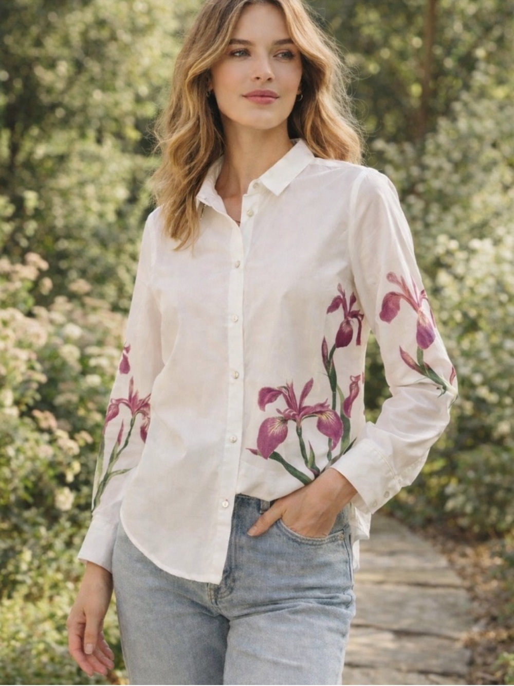 *Hunter White Buttondown Shirt With Flowers - Picture 1 of 4